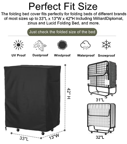 Falezern 33 in Folding Bed Cover, With Metal Zipper and Adjustable Drawstring, Dustproof and Waterproof, Thickened Storage Cover for Fold Up Cot Falezern