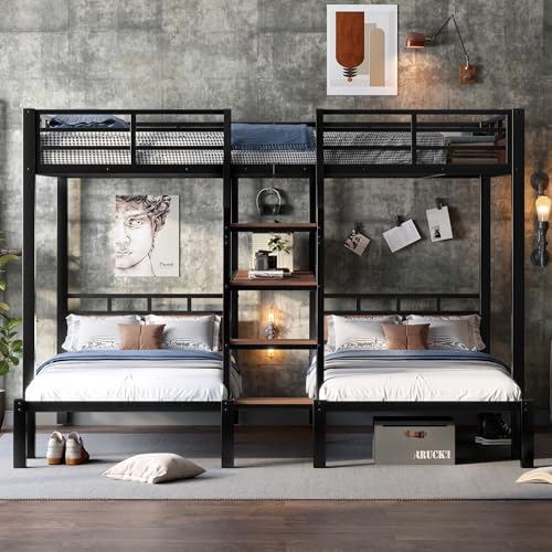 Bellemave Queen Over Twin Over Twin Bunk Bed with Shelf and Stairs, Heavy Duty Triple Bunk Beds with Safety Guardrails, Metal Triple Bunk Bed Frame for 3 Kids, Teens, Black Bellemave