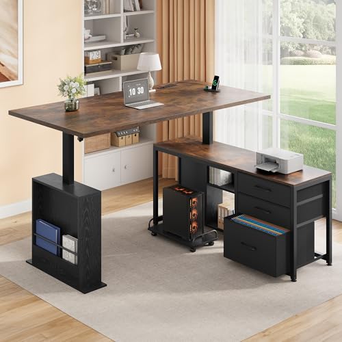 Homiflex 63" L Shaped Standing Desk with 3 Drawers Electric Adjustable Height Desk Corner Standing Desk with Storage Computer Game Desk with Power Outlets Computer Tower Stand for Home Office, Brown Homiflex