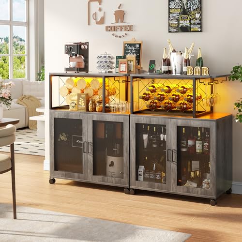 Girapow Small Bar Cart with Wheels, Liquor Cabinet with LED Light, Wine Bar Cabinet with Power Outlets, Home Mini Bar with Wine Rack, Glasses Storage for Kitchen, Dining Room, Living Room, Grey Girapow