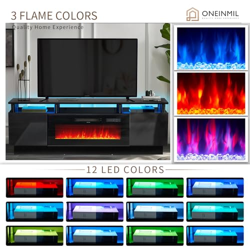 oneinmil 70" Modern Electric Fireplace TV Stand for TVs Up to 80 inch, with Electronic Flame and LED Lights, Luxury High Gloss Finish Entertainment Center, TV Console Cabinet for Living Room, Black oneinmil