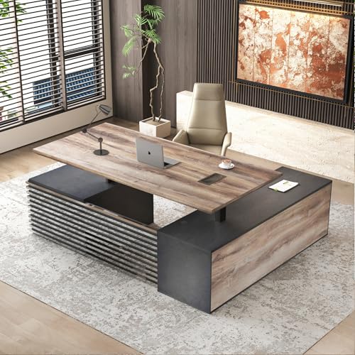 SAINTCY 70.87In L Shaped Executive Standing Desk with Drawers, Large Modern Adjustable Heigh Home Office Desk w/File Cabinet, AC/USB, Business Workstation, Black and Warm Oak SAINTCY