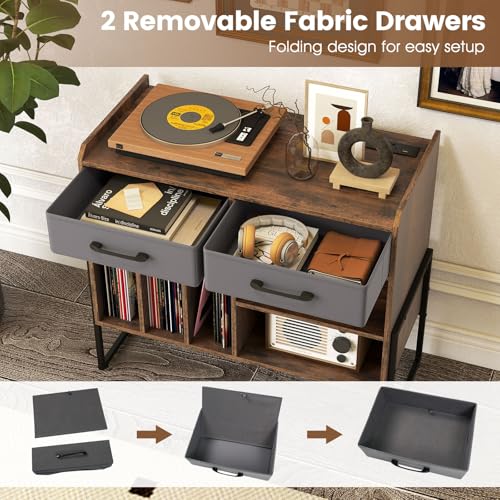Giantex Large Record Player Stand with Charging Station, Modern Turntable Stand w/2 Fabric Drawers & Adjustable Shelf, Record Player Table, Vinyl Record Storage for Living Room (Rustic Brown) Giantex