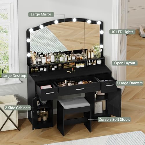 usikey Makeup Vanity with Lights, Vanity Desk, Makeup Vanity Table with 3 Drawers, 2 Cabinets & Long Storage Shelf, 10 Led Lights, Dressing Vanity Table with Stool, for Women, Girls, Bedroom, Black usikey