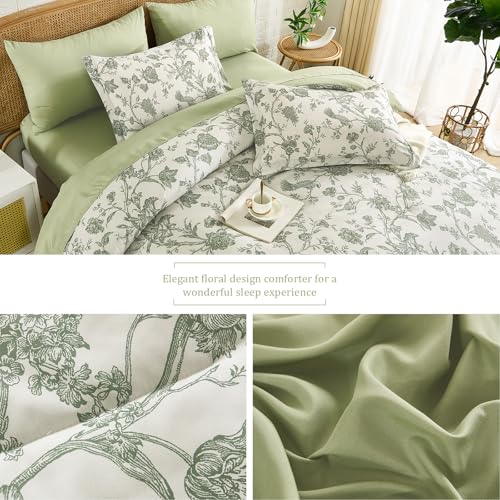 Luxudecor Floral Queen Comforter Set 7 Pieces Bed in a Bag, Sage Green Flower with Bird Bedding Set, Soft Reversible Comforter with Sheet Set 90"x90" Luxudecor