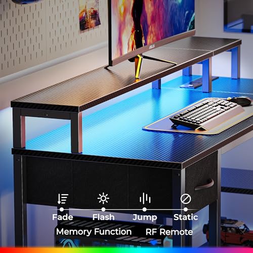 SUPERJARE 47 inch Reversible L Shaped Desk with LED Lights & Power Outlets, Computer Desk with Shelves & Monitor Stand, Gaming Desk with Drawer, Home Office Desk Corner Desk, Carbon Fiber Black SUPERJARE