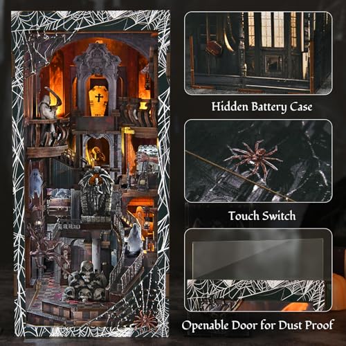 MiniCity Book Nook Kit with LED Light, DIY Miniature Dollhouse Booknook Kit, Creepy Scary 3D Wooden Puzzle Bookshelf Insert Decor for Stress Relief Craft for Book Lovers & Adult (Haunting Relics)