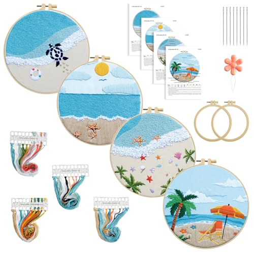 4 Set Ocean Embroidery Kit for Beginners Adults Embroidery Starter Kit Ocean Beach Pattern Spring Summer Hand Crewel Embroidery Kit Cross Stitch Kit Include Instruction 2 Hoops Color Threads Needles