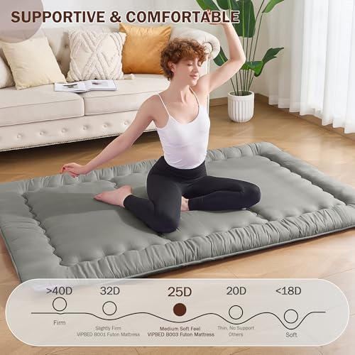 VIPBED Japanese Floor Futon Mattress Full Size, 4" Thicken Foldable Mattress Tatami Mat Sleeping Pad, 25D Foam Filled Traditional Shiki Futon (shikibuton), Designed in Japan (Dark Grey 54"x 80") VIPBED