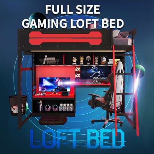 OYUMOENTS Full Size Gaming Loft Bed with Desk and LED Lights, Wood Loft Bed with Storage Shelves & USB Ports, Full Size Loft Beds Frame for Adults Kids Teens, Black+Red OYUMOENTS