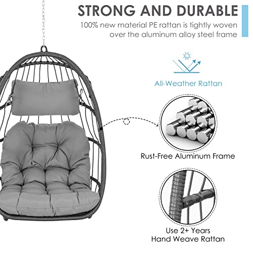Brafab Wicker Rattan Hammock Egg Swing Chair with Hanging Chain, Aluminum Frame and UV Resistant Cushion, Indoor Outdoor Bedroom Patio Porch Foldable Camping Chair (Without Stand) Brafab