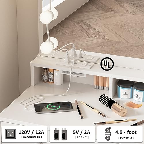 Vabches Vanity with Mirror and Lights, Makeup Vanity Table with Charging Station, Cute Vanity Set with Comfortable Bench, Big Vanity with 3 Storage Compartments, 39.8inch, White Vabches