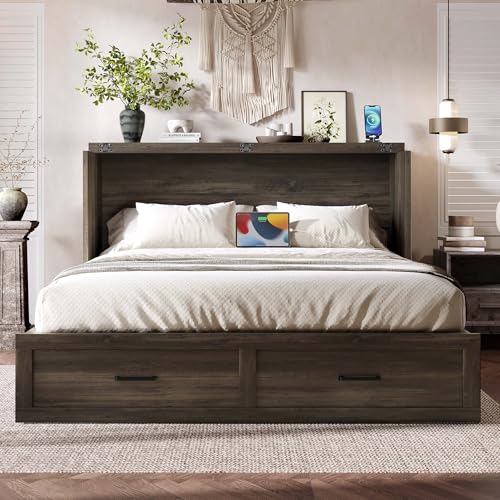 Ball & Cast Murphy Bed Queen Size Bed Frame with Charging Station,Murphy Bed Cabinet Foldable Platform Bed w/Large Storage Drawer,can be Folded,Slat Support,No Box Spring Needed,for Apartment,Gray Ball & Cast