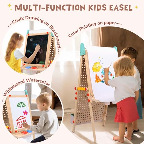 WINGYZ Kids Easel Wooden Marble Run for Kids 3-7, 4-in-1 Toddler Art Easel for Kids 2-4 Painting Station Stand Drawing, Double-Sided 6 Heights Black Chalkboard Magnetic Whiteboard Paper Roll Holder wingyz