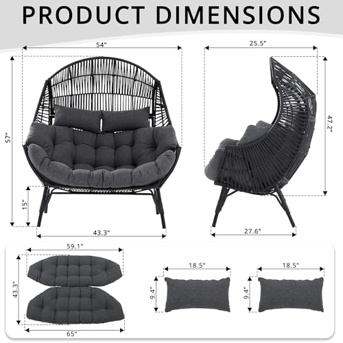IRONCK Double Egg Chair Outdoor, 2 Person Wicker Lounge Chair, Oversized Thickened Padded Cushions and Headrests, 680 Lbs Egg Loveseat for Indoor, Patio, Living Room, Porch, Balcony, Dark Grey IRONCK