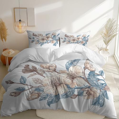 White 3 Piece Duvet Cover Set, 1 Printed Zipper Closure Duvet Cover with 2 Pillow Shams, Ultra Soft Brushed Microfiber Single with Minimalist Flowers Watercolor Generic