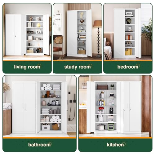 Letaya Metal White Storage Cabinet with Lock-71 Tall Metal Pantry Cabinets,5 Adjustable Shelves and Door for Home,Office,Kitchen,Warehouse,Utility Room(White) Letaya