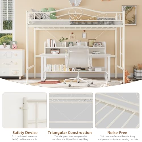 IDEALHOUSE Loft Bed Twin Size with Ladder & Full Safety Guardrail, Heavy Duty Metal Twin Loft Bed 400 Lbs Load Capacity, Space-Saving, Noise Free, No Box Spring Needed, Easy Assembly, Cream White IDEALHOUSE