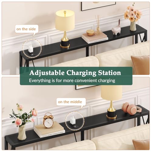 Gewudraw 55.1" Narrow Sofa Table, Console Table with Oulets & USB Ports, Entryway Table, Industrial Couch Table for Hallway, Living Room, Bedroom, 6.5 Feet Power Cord,Black Gewudraw