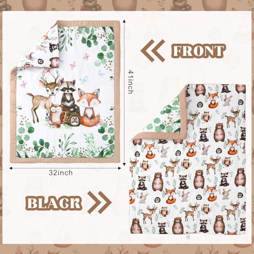 Hahafelt 3 Pcs Baby Crib Bedding Set Safari Animals Dinosaurs Bear Woodland Animals Jungle Crib Set Includes Quilt, Fitted Sheet, Skirt for Baby Boy Girl(Green,Woodland Raccoons Deer Etc.) Hahafelt