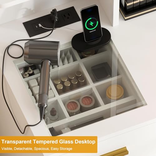 IDEALHOUSE Vanity Desk with Mirror and Lights, 42.5" Makeup Vanity Set with Stool, Makeup Table with Mirror Cabinet and Chair, Drawers & Shelves, Dressing Table with Outlet for Bedroom, White IDEALHOUSE