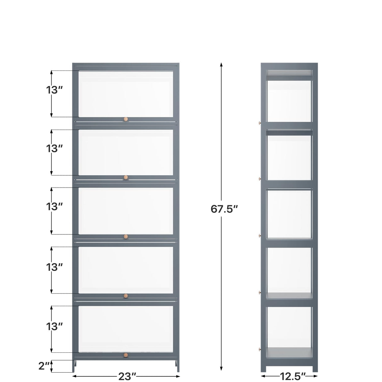 BRIGHTORIA 5-Tier Clear Display Cabinet with Flip Acrylic Doors, Collectibles Toy Books Showcase Organizers Storage Rack, 68" Tall Bamboo Standing Display Case for Playroom Bedroom, Grey BRIGHTORIA