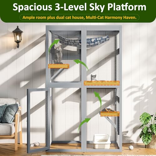 YADSUNY 64 Inch Catio Outdoor Cat Enclosure, Large Cat House for Outdoor Cats with Updated Framework Structure, Outside Cat Patio Cattery Weatherproof for Multiple Cats, Grey YADSUNY