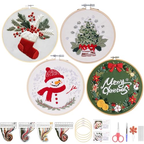 Christmas Embroidery Kit for Adults & Beginners, Gnomes & Christmas Tree Hand Embroidery Ornaments kit with Pattern, Cotton, Needles & Instruction, Christmas DIY Cross Stitch Kits Gifts (4pcs-B)