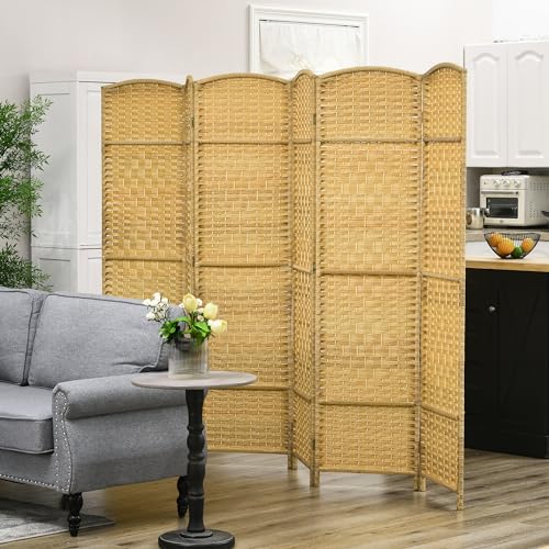 HOMCOM 6 Panel Room Divider, 6' Tall Folding Privacy Screen, Hand-Woven Freestanding Wall Partition for Home Office, Bedroom, Nature Wood HOMCOM