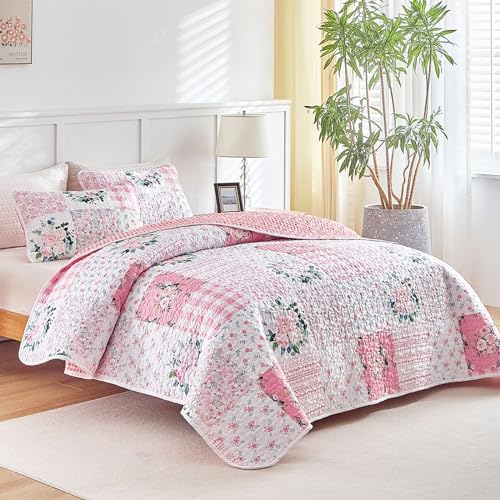 Joyreap 3 Pieces Floral Patchwork Quilt Set Queen, Pink n White Flowers Design, Soft n Cozy Microfiber Quilt, Bedspread Bed Cover for All Season, 1 Quilt and 2 Pillow Shams- 90x90 inches Joyreap