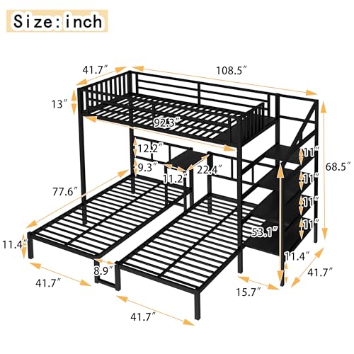 Bellemave Twin Over Twin Over Twin Bunk Bed for 3 Kids, Heavy Duty Triple Bunk Beds with Storage Stairs, Desk and Guardrails, Noise Free Design Triple Bed Frame, Black Bellemave