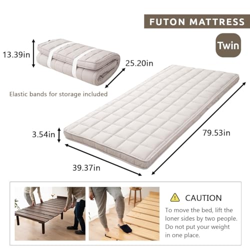EMOOR Japanese Futon Mattress & Wood Slatted Bed Set Machi-OSMOS Twin (Earth-Natural), Solid Pine 3-Heights Adjustable Easy-Assemble Japanese Sleeping Bed Tatami Mat EMOOR