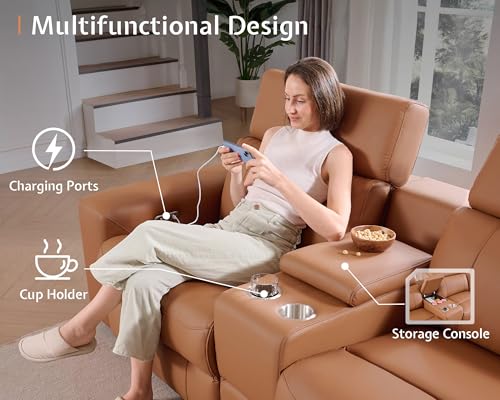 AMERLIFE Power Recliner Sectional Sofa with Storage/USB Port, Leather Recliner Sofa with Adjustable Headrest, Reclining Sectional Couches with Console and Cup Holder for Living Room (Brown, 5-Seater)