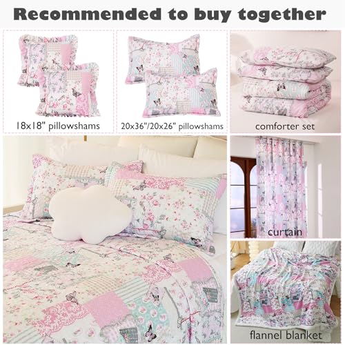 Cmfshape Garden Floral Bedding Set Twin,Reversible Quilted Bedspread,Pink Butterfly Quilt Set,Reversible Stitched Coverlet with 1 Pillow Sham(Twin68 x86 Pink) Cmfshape