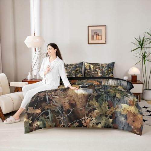 Erosebridal Deer Camo Queen Comforter Set with Sheets Rustic Hunting Bedding Set 7-Piece for Men Boys Kids Adults Camouflage Army Deer Bed in A Bag Vintage Hunting Animals Quilt Duvet Insert Erosebridal