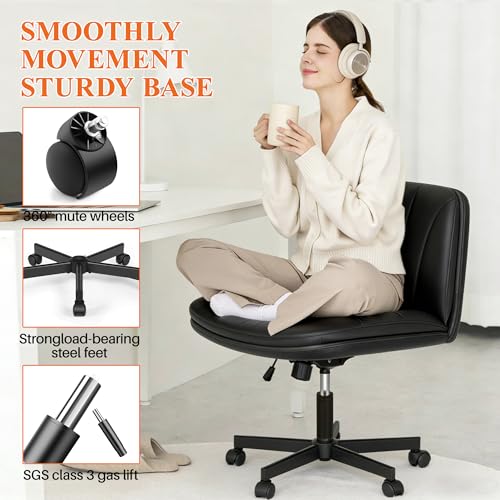HeroSet Criss Cross Chair with Wheels,Comfy Wide Vanity Chair,Scratch-Resistant Leather Cross Legged Desk Chair,Height Adjustable Computer Office Desk Chairs HeroSet