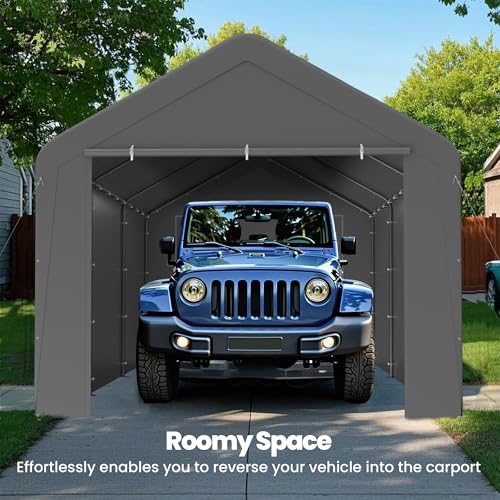 GOJOOASIS 10x20 Carport Heavy Duty Portable Garage Shelter Metal Car Canopy Tent with UV-Resistant & Weatherproof Top Cover for RV & Vehicles (Gray, 10x20 with sidewalls) GOJOOASIS