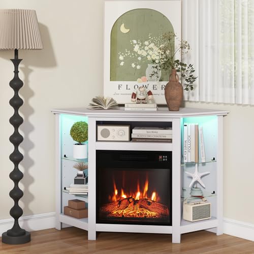 RELAX4LIFE Corner Fireplace TV Stand - Electric Fireplace Entertainment Center w/Heater Insert, LED Lights, APP Control & Adjustable Shelves, Media Console Cabinet for TVs up to 50’’ (White) RELAX4LIFE