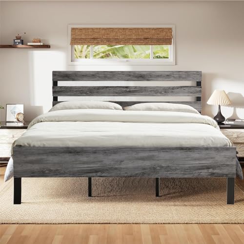 King Size Metal Bed Frame with Wood Headboard & Footboard – No Box Spring Needed, Easy Assembly in Grey Augensternchen