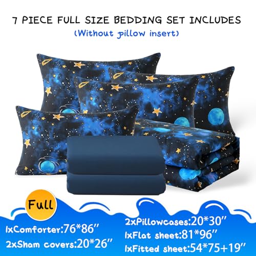 Aqzuxira Glow in The Dark Kids Comforter Set, 7 Pieces Blue Space Bedding Set Full Size for Boys Girls Teen, 1 Comforter, 2 Pillowcases, 2 Pillow Shams, 1 Flat Sheet, 1 Fitted Sheet Aqzuxira