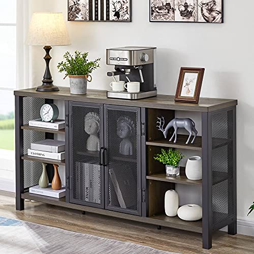 FATORRI Industrial Wine Bar Cabinet for Liquor and Glasses, Wood Coffee Bar with Wine Rack, Metal Sideboard and Buffet Cabinet (55 Inch, Walnut Brown) FATORRI