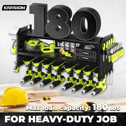 KAFAHOM Power Tool Organizer,Large 8 Drill Holder Wall Mount with 2 Side Pegboards,Metal Tool Shelf with 12 Hooks,Storage Rack for Garage KAFAHOM