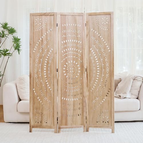 66.9Inch Folding Room Divider, 3 Panels Wood Carved Privacy Screens, Free Assembled Freestanding Partition for Home Office Restaurant Bedroom (Natural) Svimi