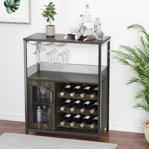 IDEALHOUSE 3-Tier Wine Bar Cabinet with Detachable Wine Rack and Storage Space, Buffet Cabinet with Glass Holder and Mesh Door, for Kitchen, Living Room and Bar (Dark Wood) IDEALHOUSE
