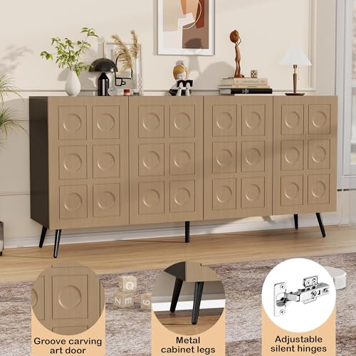 Vrmuxita Sideboard Buffet Cabinet with Storage: 63" Black and Oak Credenza Storage Cabinet for Living Room, Mid Century Modern Console Table with 4 Doors, Fluted Long Accent Cabinets (Oak) Vrmuxita