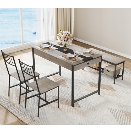 GarveeHome Dining Table Set for 4, Small Kitchen Table and 2 Chairs for 4 with Bench, Space Saving Kitchen Table Set with Storage Rack & Drawers, Breakfast Nook Rectangular Farmhouse Table Set, Grey GarveeHome