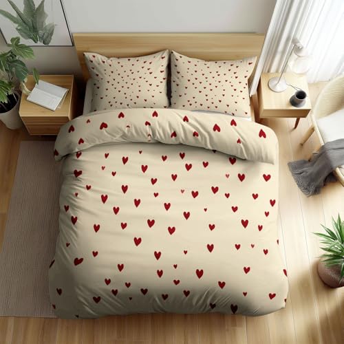 Cream Reversible Duvet Cover Set 2Pcs Small Single Size, Minimalist Red Heart Pattern Bedding Set for Boys Girls Kids Bedroom Decor - Soft Comfy Cozy Microfiber Print Duvet Cover with 1 Pillowcase Generic