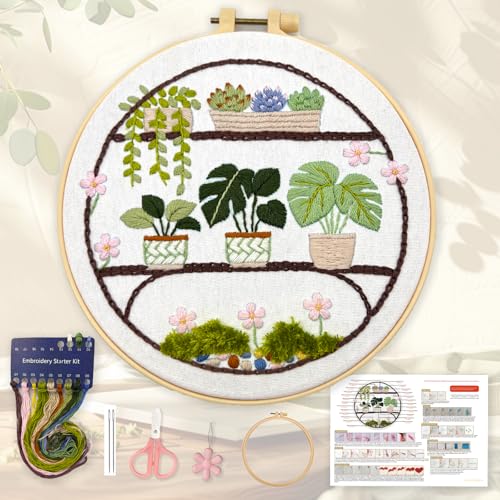 GooStryxen Green Plant Embroidery Kit for Adults, Needlepoint Kit for Beginners with Hoop, Threads & Tools, Botanical DIY Needlepoint for Home Decor