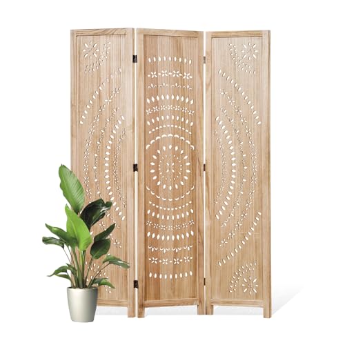 66.9Inch Folding Room Divider, 3 Panels Wood Carved Privacy Screens, Free Assembled Freestanding Partition for Home Office Restaurant Bedroom (Natural) Svimi