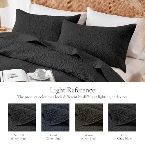 WURUIBO Full/Queen Quilt Set Black, Microfiber Lightweight Bedspreads, Ultrasonic Embossed Solid Coverlet, Thin Bedding Set for All Season, Soft Breathable Bed Cover(1 Quilt, 2 Pillow Shams) WURUIBO